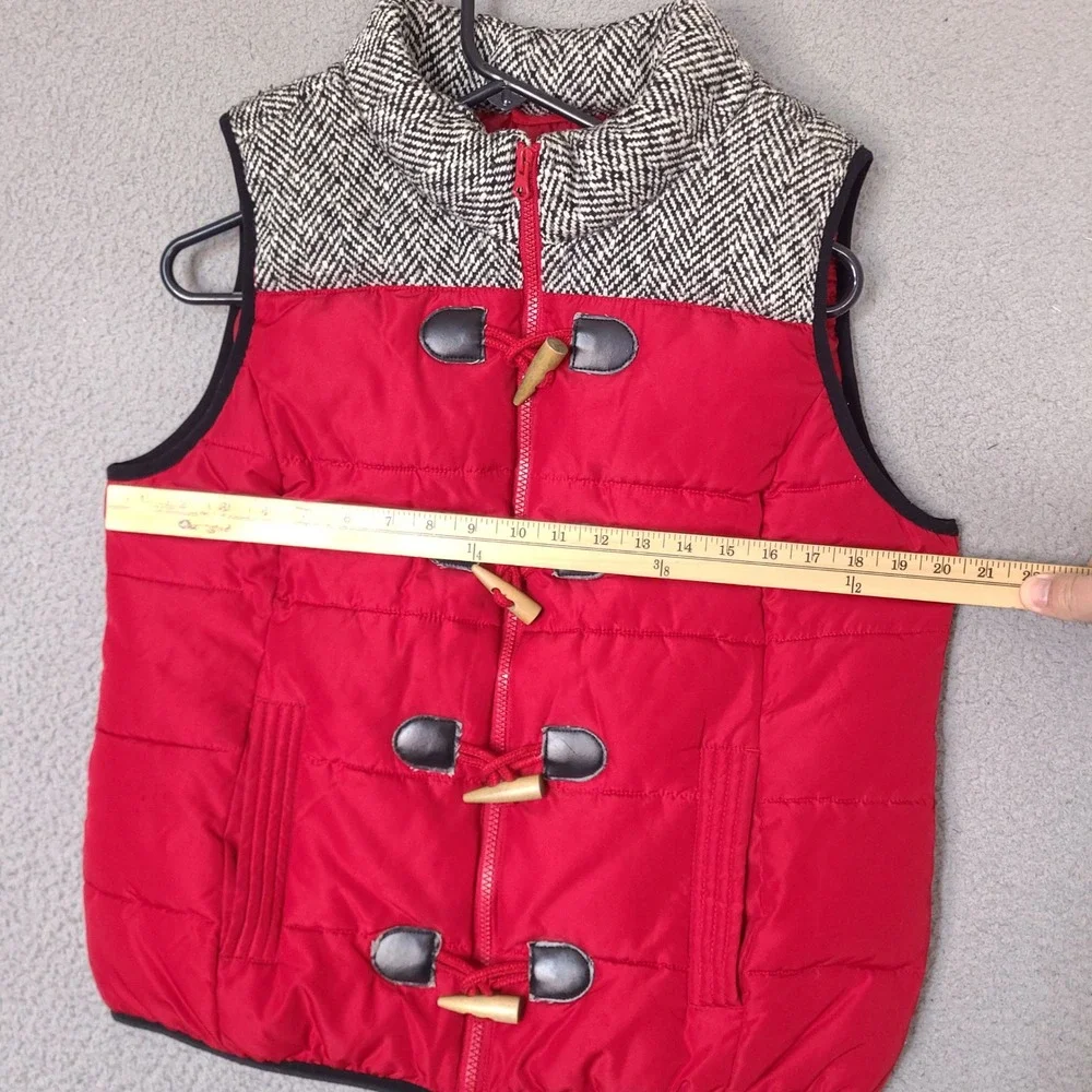 RuffHewn Womens Puffer Vest Large Red Herringbone Tweed Toggle‎ Zip Up